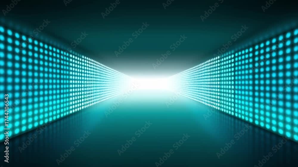 Futuristic tunnel with glowing blue loop pattern and illuminated digital wall, abstract light waves create vibrant atmosphere, modern technology design, digital loop, glowing blue pattern