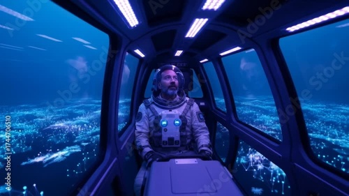Futuristic astronaut inside deep sea exploration capsule