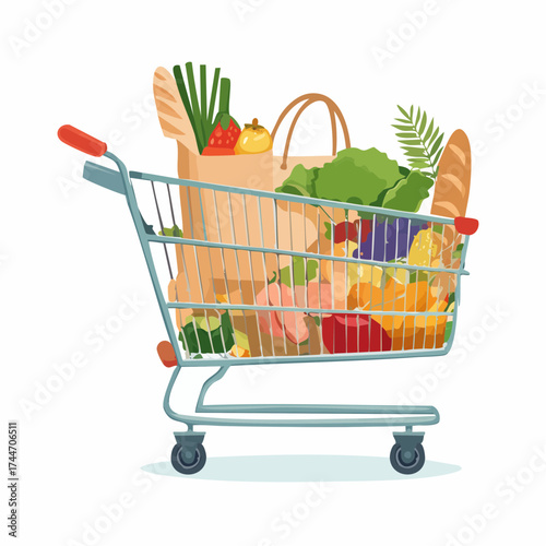 Shopping carts, paper bags, plastic and metal baskets from grocery store