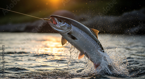 Silver salmon leaps powerfully from the water in a dynamic splash, with the sun setting behind it