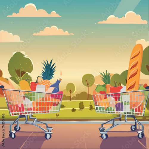 Shopping carts, paper bags, plastic and metal baskets from grocery store