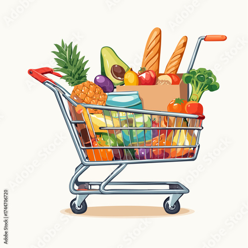 Shopping carts, paper bags, plastic and metal baskets from grocery store