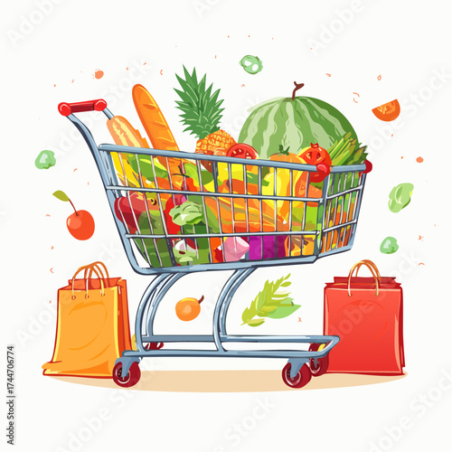 Shopping carts, paper bags, plastic and metal baskets from grocery store