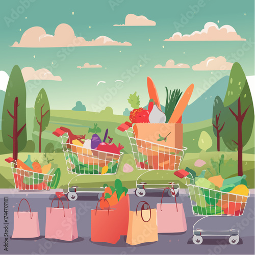 Shopping carts, paper bags, plastic and metal baskets from grocery store
