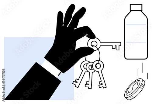Hand grasping keys, bottle, and falling coin representing access, choices, decision-making, and resources. Ideal for finance, security, opportunity responsibility sustainability minimalism