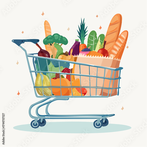 Shopping carts, paper bags, plastic and metal baskets from grocery store