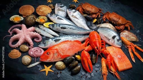 A still life presents various seafood items, arranged on a dark surface. Crabs, fish, and more are featured