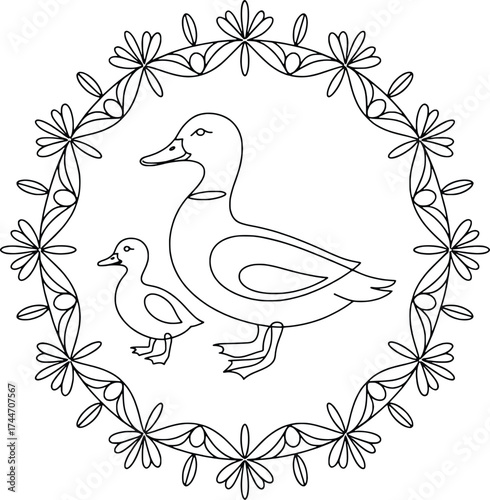 Mother duck and duckling outline art within decorative floral border circle
