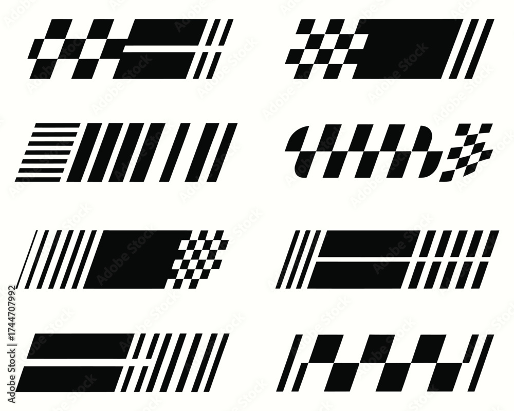 Fototapeta premium Racing Stripe Vector Set – Black Checkered Flag Designs, Speed Lines, Motorsport Symbols, and Car Decal Elements for Auto Racing Graphics, Stickers, and Performance Branding