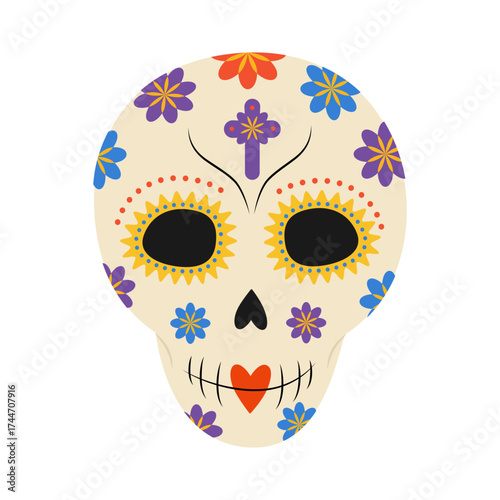 Decorated Sugar skull with Flowers Dots and Cross Day of the Dead Sticker Icon Minimalistic Design