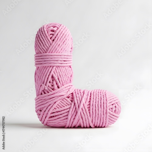 Pink yarn letter l on white background is ideal for crafting, education, or design projects. Suitable for marketing materials.