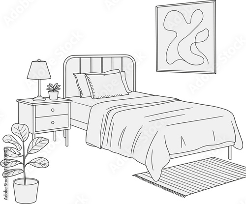 Line Drawing of a Bedroom with Bed, Nightstand, and Plant Keywords: bedroom, interior, furniture