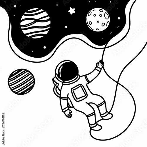 Stylized illustration of an astronaut floating in outer space, tethered by a cord, with planets and stars in the background. A whimsical, minimalist depiction of space exploration.