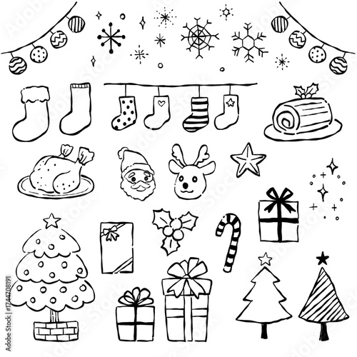 手描きのクリスマスベクターイラストセット(モノクロ線画)