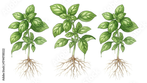 Detailed illustration of three healthy basil plants with roots