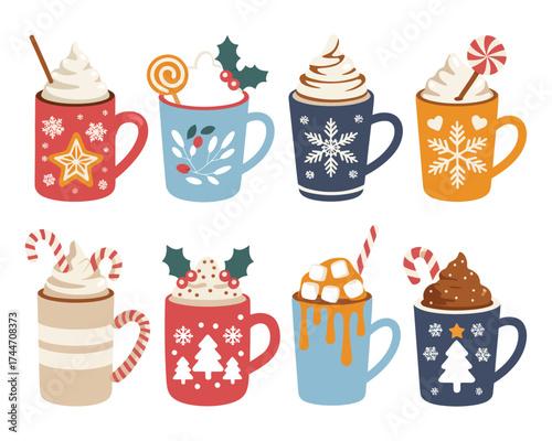 A charming set of eight stylized illustrations festive mugs with hot winter drinks