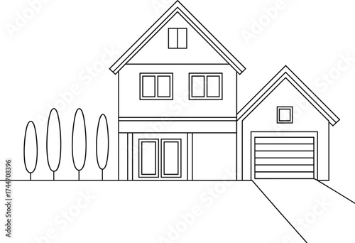 Outline Drawing of a Two-Story House with Garage and Trees untitled