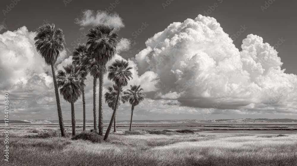 Obraz premium Serene Landscape with Palm Trees and Fluffy Clouds in Black and White