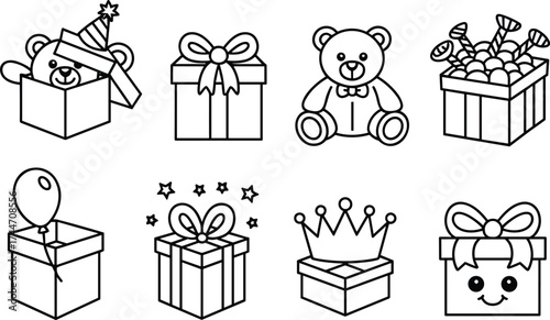 Outline icons of birthday gifts and teddy bear presents