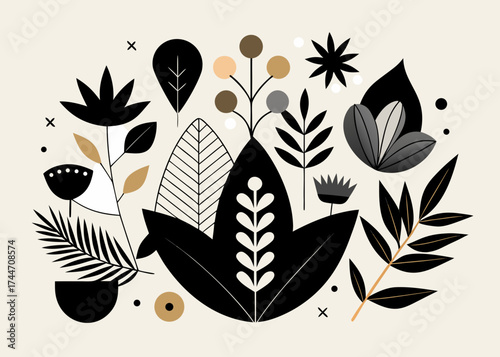 Abstract botanical illustration with geometric shapes and organic forms