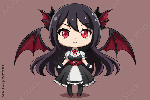 Cute chibi vampire girl with bat wings and red eyes