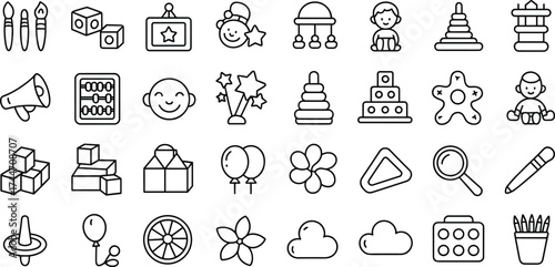 Outline icons of children's toys and learning tools baby education