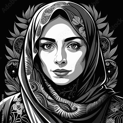 Striking portrait of a woman wearing a detailed hijab