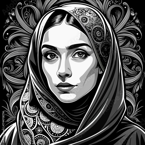 Elegant woman in ornate hijab with floral accents