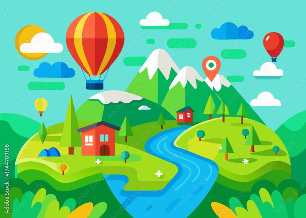 Fototapeta premium Vibrant flat design landscape with hot air balloons and cozy cabins
