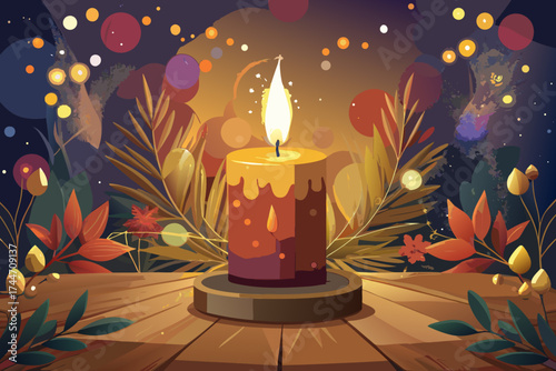 Warm candlelight illuminates autumnal decorations and twinkling lights