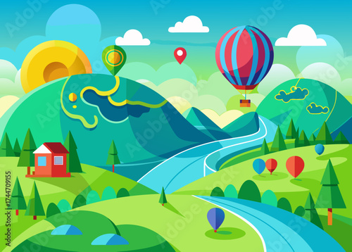 Vibrant landscape with hot air balloons and winding river