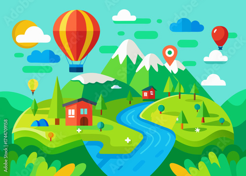 Vibrant flat design landscape with hot air balloons and cozy cabins
