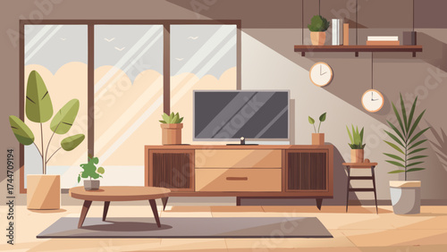 Cozy living room with large window and entertainment center