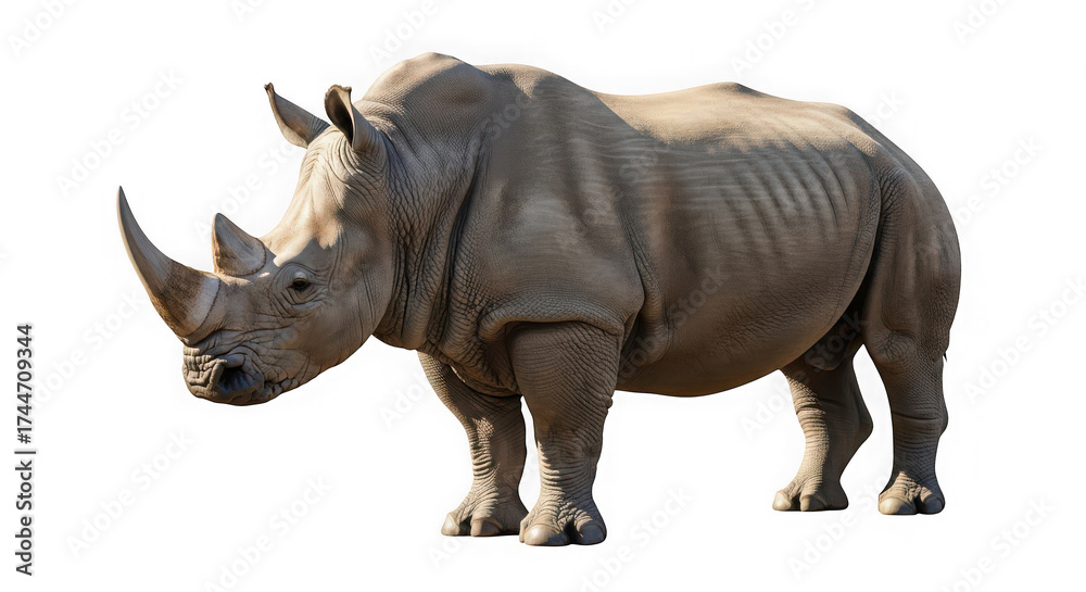 Obraz premium Rhino standing isolated on transparent background, a large and powerful animal