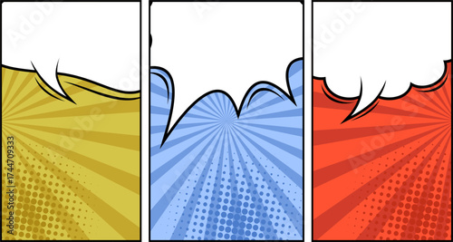 Comic Book Panels with Speech Bubbles and Pop Art Backgrounds