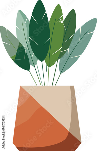 Potted plant with large green leaves in a geometric pot foliage