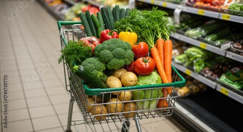 Shopping cart filled with fresh vegetables in a grocery store