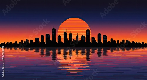 Silhouette of a city skyline against a sunset reflecting in the water