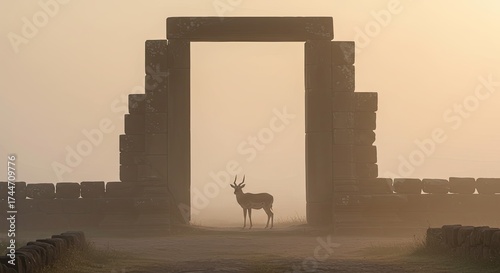Silhouette of a deer standing in an ancient archway during a misty sunrise