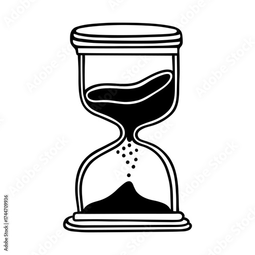 Hourglass vector illustration. Vintage glass clock with flowing sand inside. Hand drawn black and white doodle, isolated clipart. Symbol of the passage of time, deadline, timer, history. Simple sketch