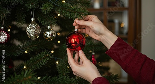 Hands Decorating Christmas Tree with Red Ornament and Fairy Lights