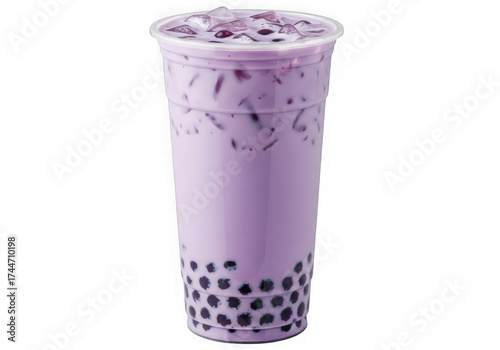 Taro bubble tea with tapioca pearls isolated on transparent background