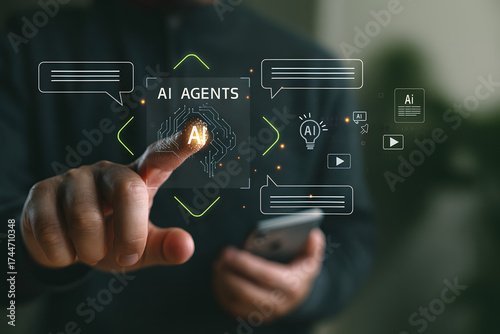 Businessman using AI agent interface for smart automation and digital communication. Concept of artificial intelligence, chatbot, virtual assistant, and generative AI technology