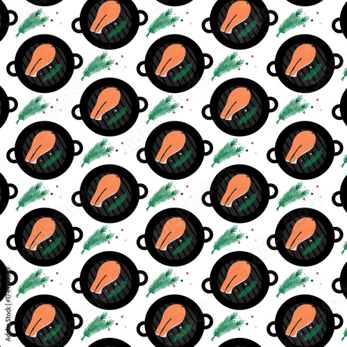 Grill Pan with Salmon Steak Rosemary Sprigs and peppercorns mix Seamless Pattern Healthy Eating Fond