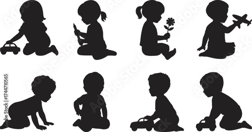 Silhouettes of babies and toddlers playing with toys children