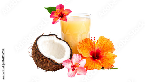 Coconut milk drink with hibiscus flowers and fresh coconut half isolated on transparent background