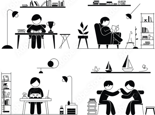 Stick figures engaged in various indoor activities at home person woman