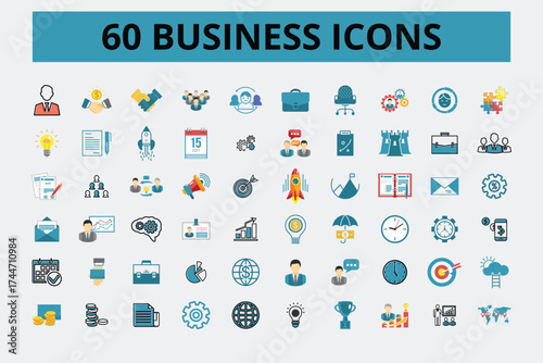 60 Business Icons Set: A comprehensive array of 60 professionally designed business icons, showcasing a diverse range of concepts essential to the business world.