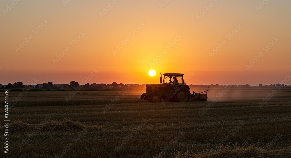 Fototapeta premium Tractor in silhouette working in field at sunset agricultural landscape
