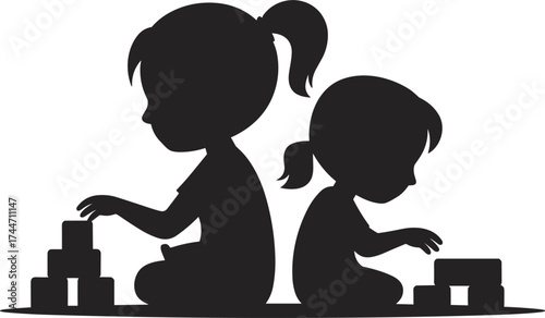 Two children silhouettes playing with blocks on white background kids